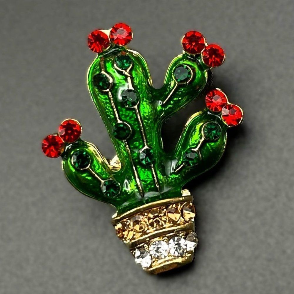 Yellow Gold with Crystal and Enamel Potted Flowering Cactus Pin Back Brooch